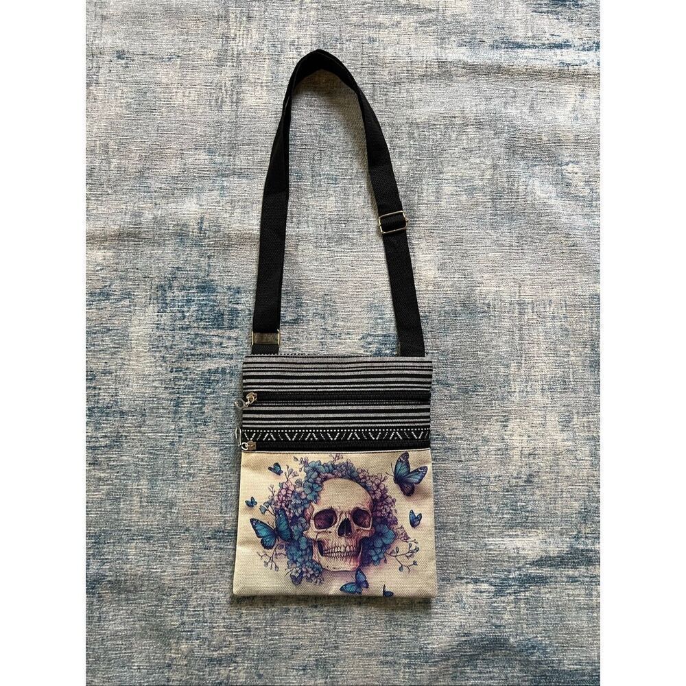 Floral Butterfly Skull Cotton Canvas Double Pocket Crossbody Shoulder Pouch